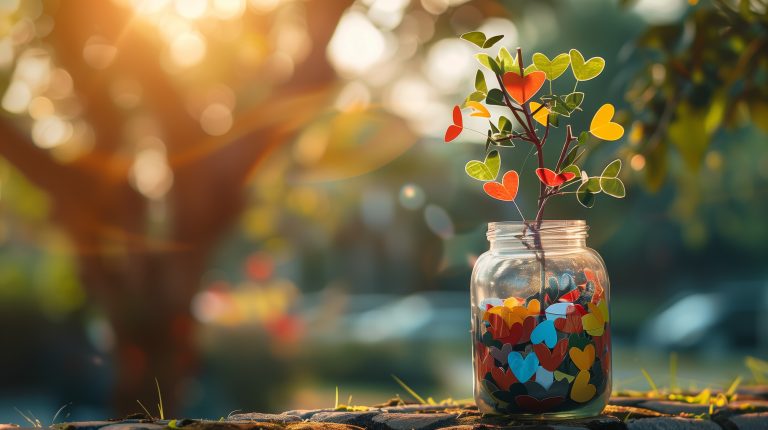 Colorful paper hearts in glass jar with heart-shaped plant symbolizing gratitude and appreciation